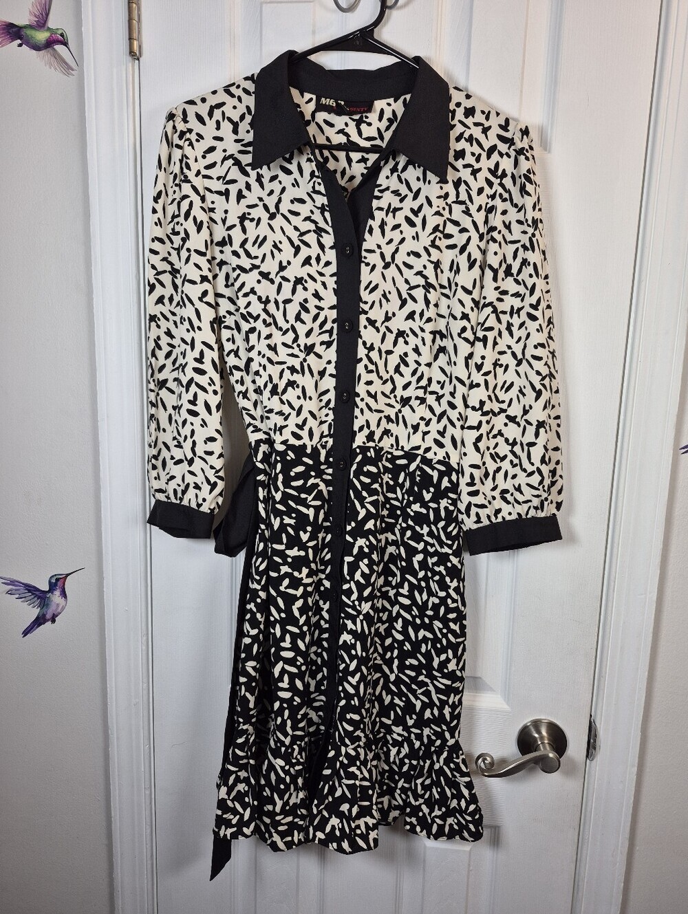 Miss Sixty Black Cream Abstract Print Shirt Dress Tie Belt Flounce Hem Size 14